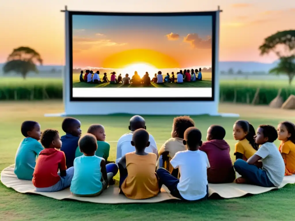 Un grupo de niños diversos viendo una película animada sobre valores humanitarios en una pantalla al aire libre, bajo un cielo vibrante al atardecer