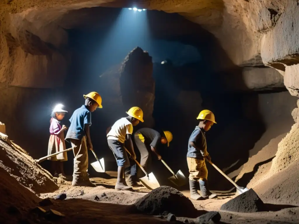 Un grupo de niños trabajan con picos y palas en una mina subterránea, con rostros sucios y expresiones determinadas