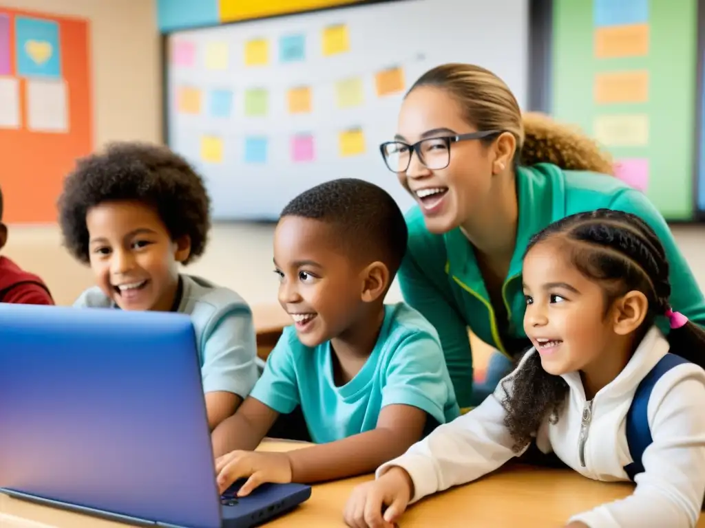 Un grupo de niños de diversas procedencias explorando juntos el mundo digital en un ambiente cálido y educativo