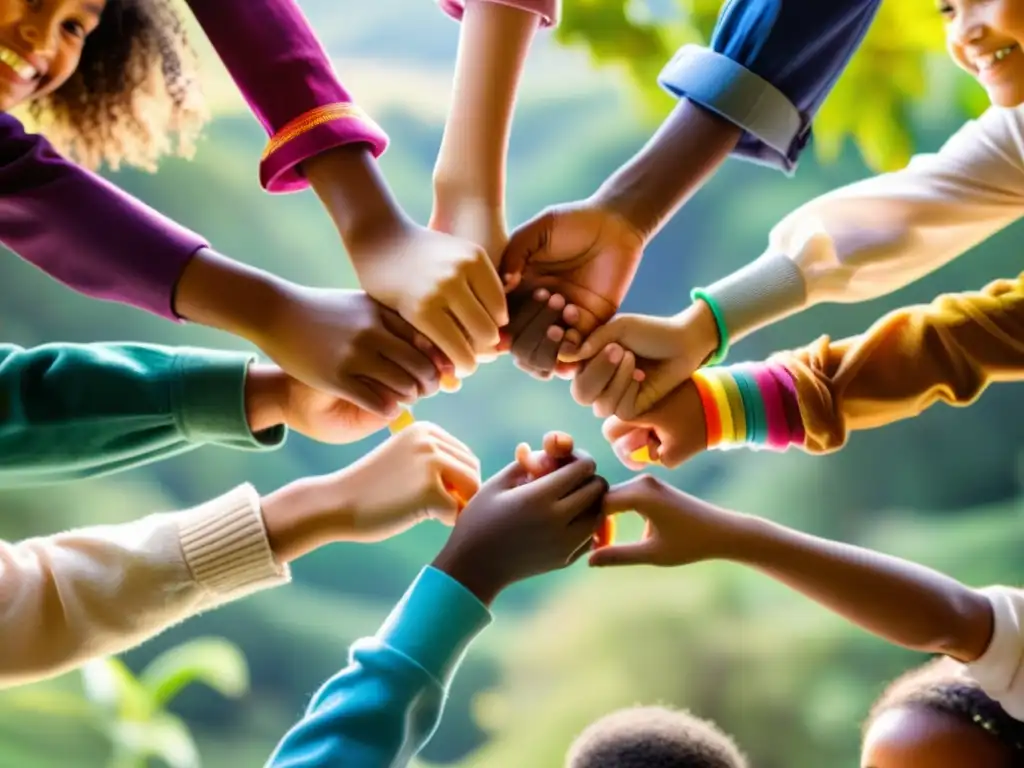 Grupo de niños de diferentes razas en círculo, sosteniendo manos, con un paisaje natural vibrante y pacífico