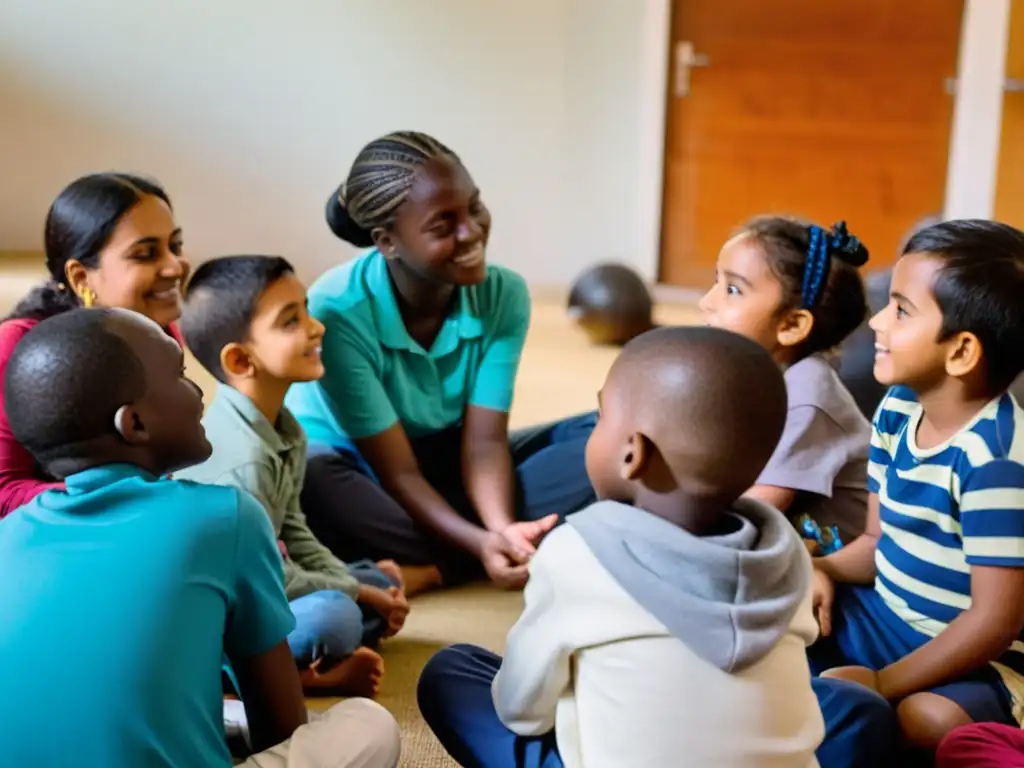 Grupo de niños refugiados y adultos discutiendo educación en derechos humanos en un espacio comunitario cálido y esperanzador