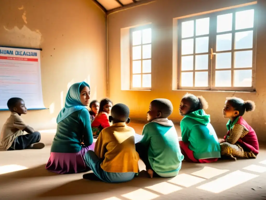 Grupo de niños refugiados en clase de educación en derechos humanos, con esperanza y atención en sus rostros