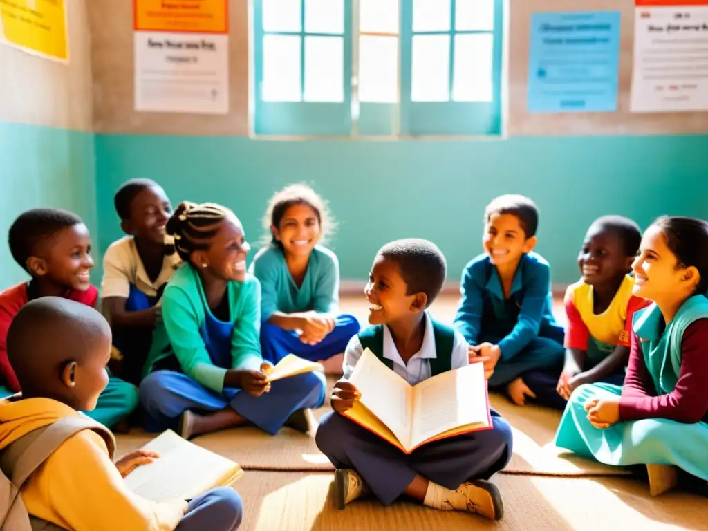 Grupo de niños refugiados participando en una clase en un entorno desafiante, promoviendo la educación y los derechos en circunstancias difíciles