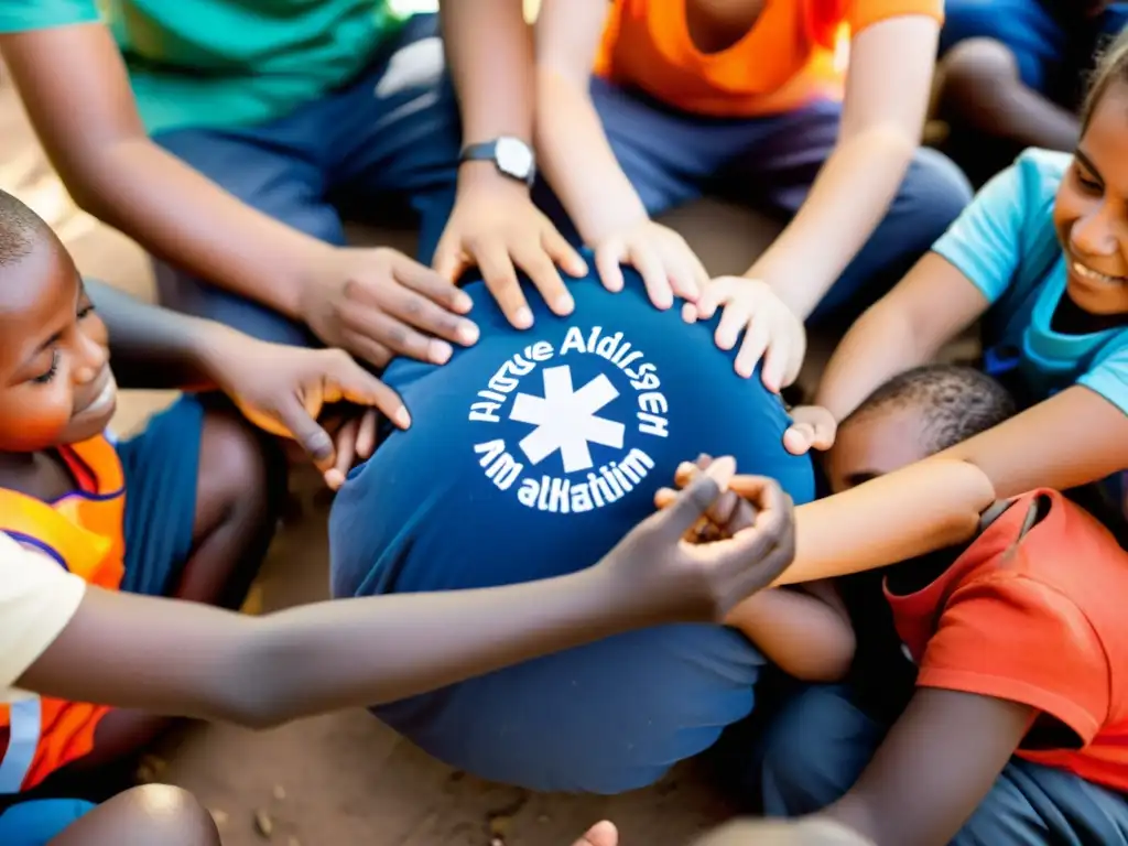 Un grupo de niños refugiados con discapacidades participa en una sesión de terapia artística en un campamento abarrotado, mientras trabajadores humanitarios los apoyan