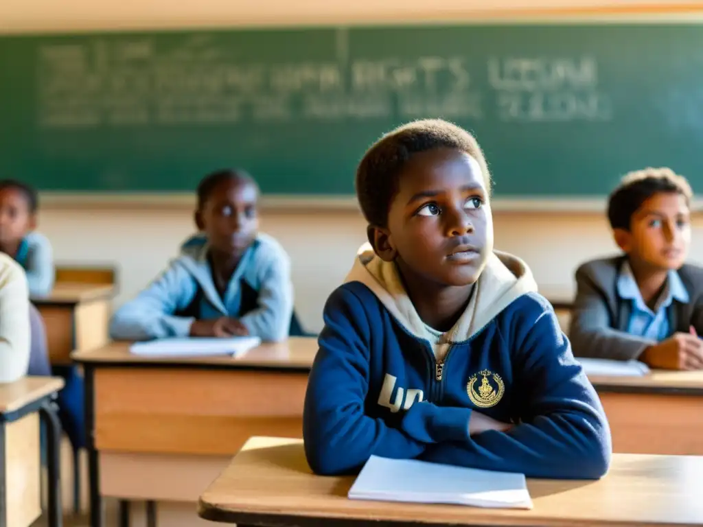 Grupo de niños refugiados participando con entusiasmo en una clase de educación en derechos humanos