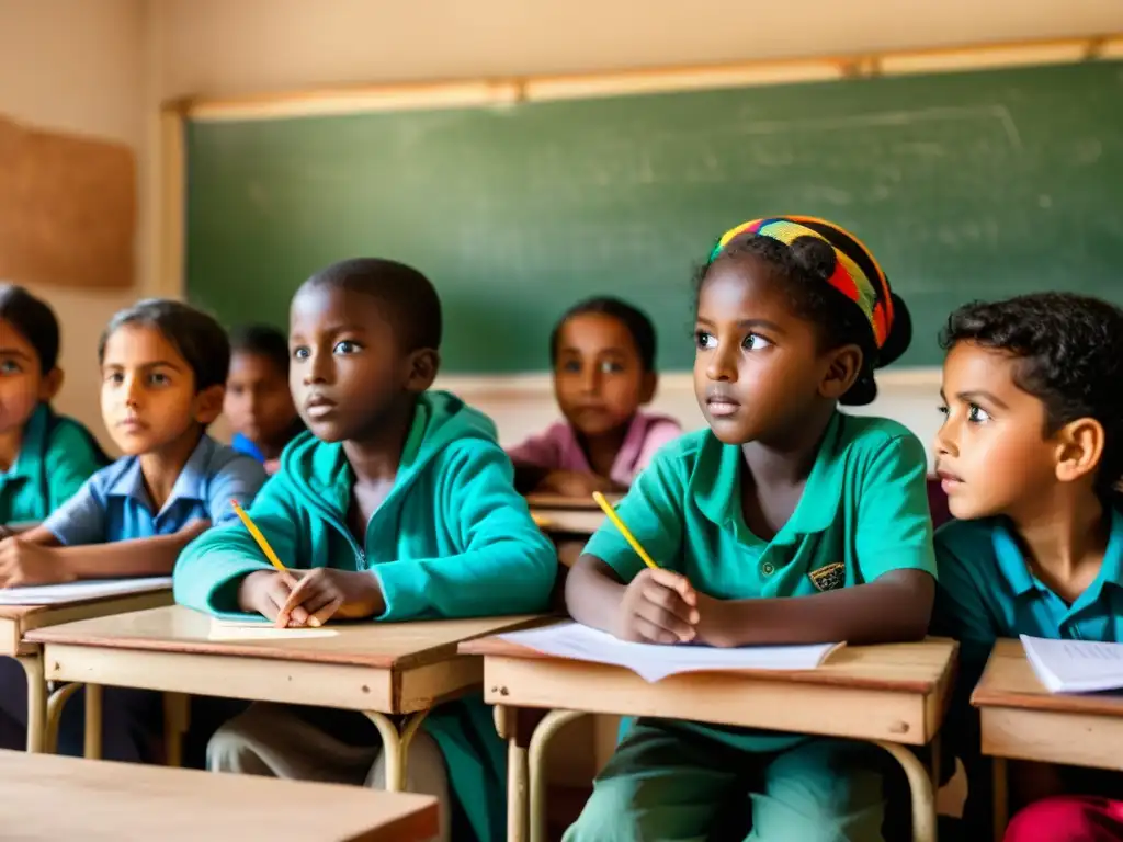 Grupo de niños refugiados participando con entusiasmo en una clase iluminada naturalmente