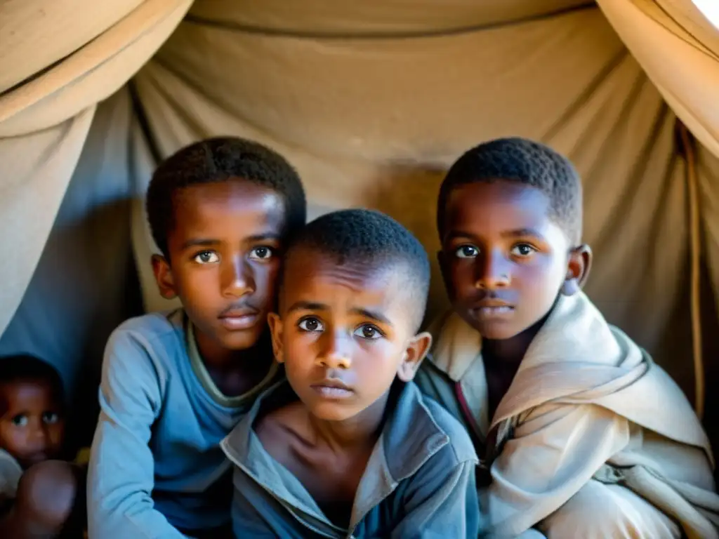 Un grupo de niños se abrazan en un refugio precario y oscuro, reflejando miedo y valentía en zonas de conflicto