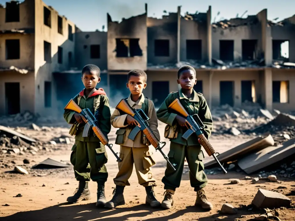 Grupo de niños soldados en paisaje devastado, reflejando miedo y determinación