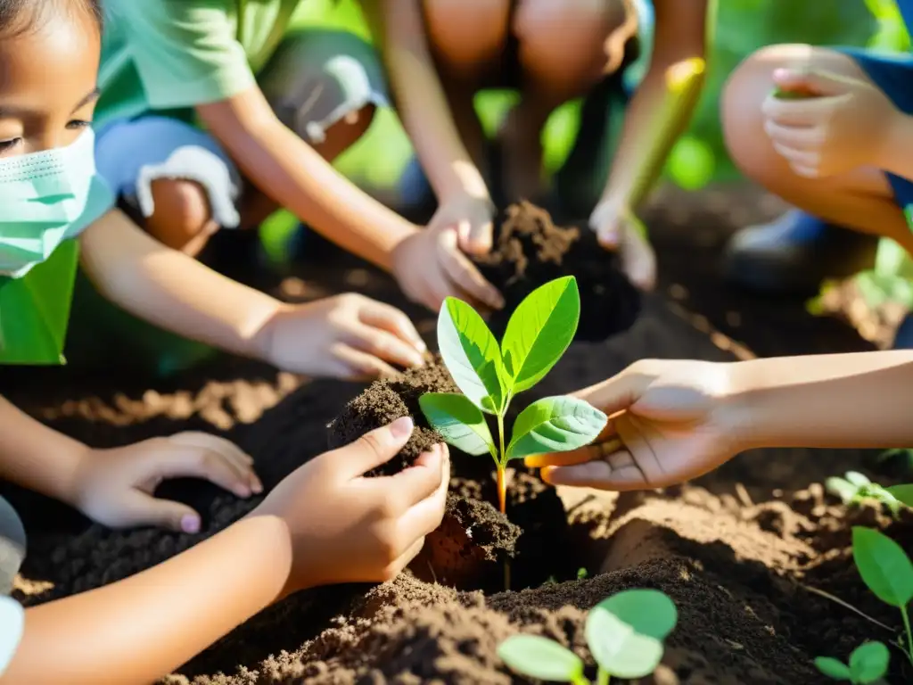 Un grupo de niños sonrientes plantando árboles en el bosque, usando mascarillas