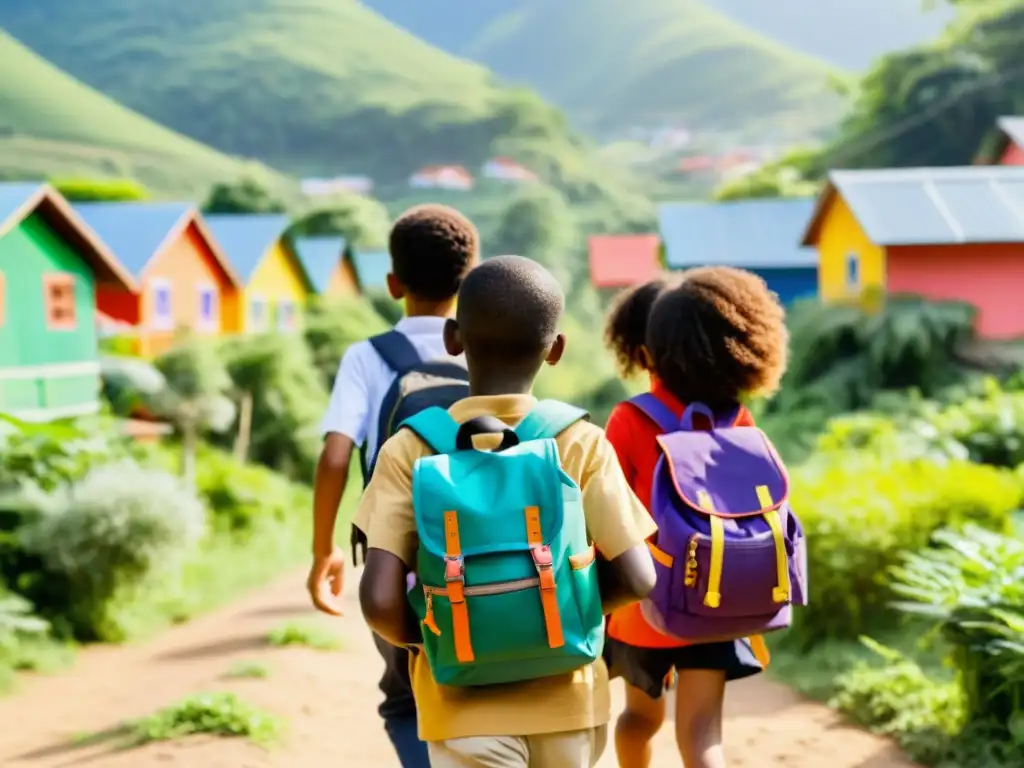 Un grupo de niños sonrientes de diversas edades y etnias caminan tomados de la mano por un sendero bañado por el sol, rodeado de exuberante vegetación