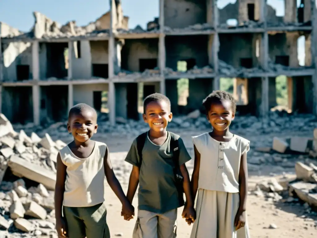 Grupo de niños sonrientes y unidos en medio de la devastación bélica, mostrando resiliencia y esperanza en sus rostros