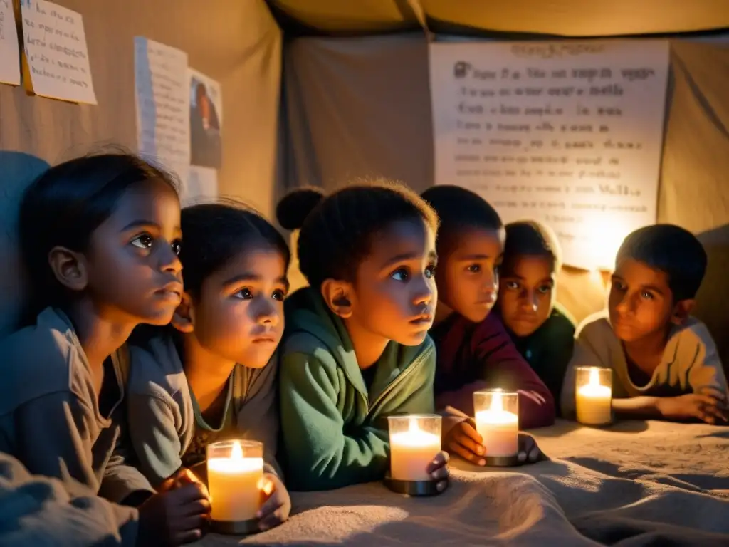 Un grupo de niños escucha con temor y valentía a un adulto en un refugio improvisado, con mensajes de esperanza en las paredes