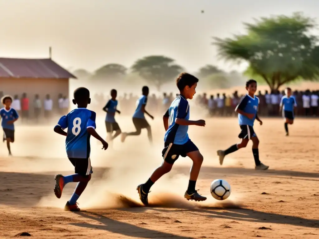 Un grupo de niños en uniformes deportivos juega fútbol en un campo polvoriento, rodeado de espectadores