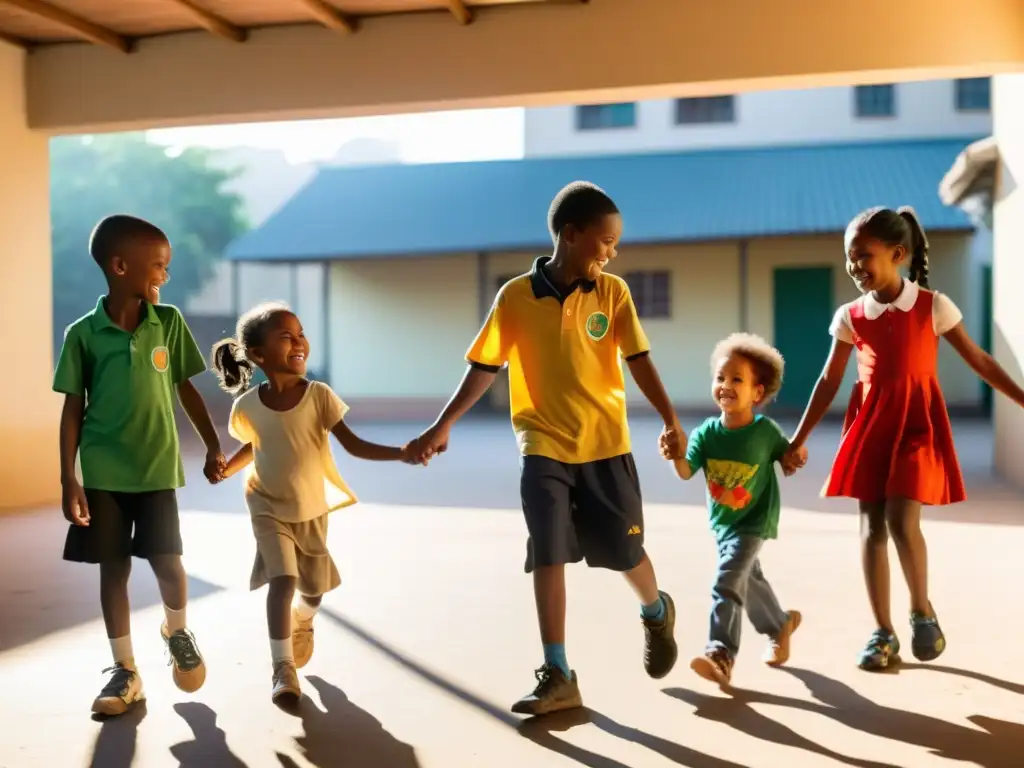 Grupo de niños vulnerables jugando bajo el sol en un refugio, con un adulto supervisor sonriente