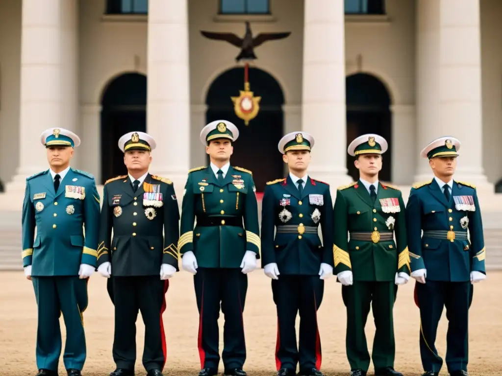 Grupo de oficiales militares de élite en formación, con uniformes y medallas