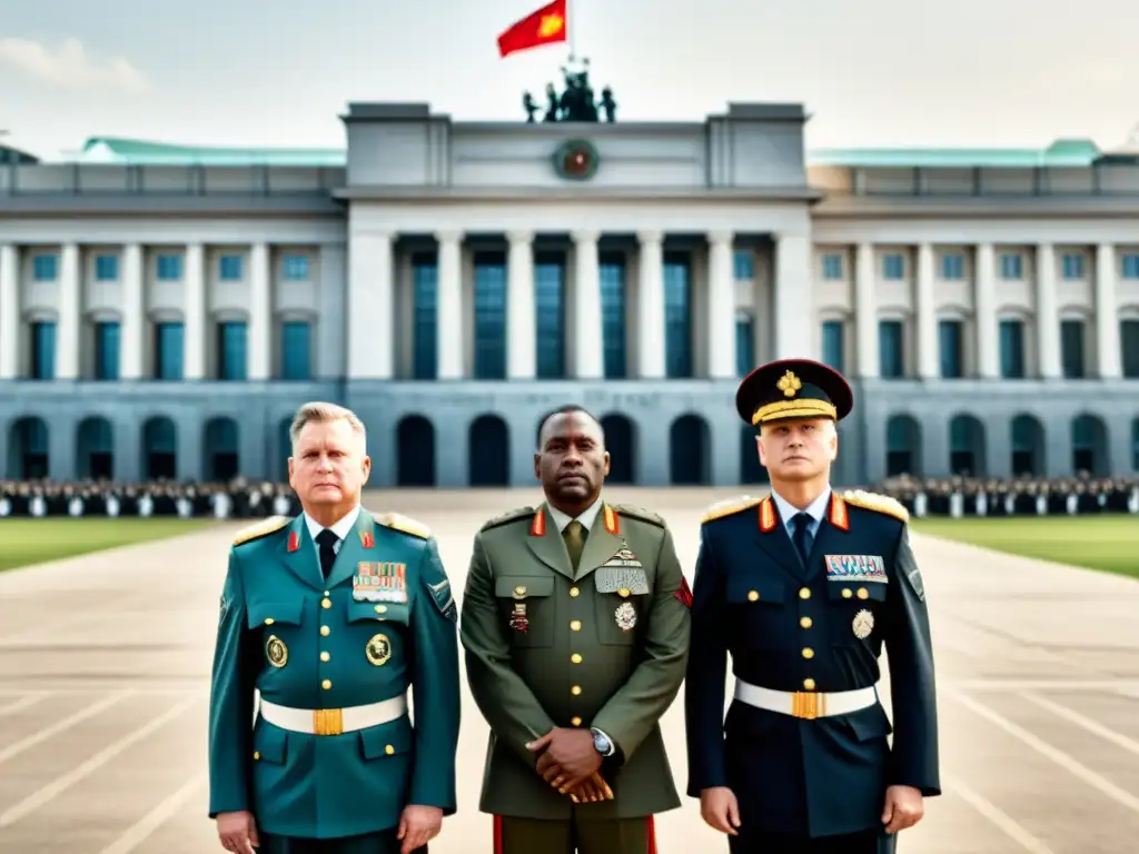 Grupo de oficiales militares en formación, frente a imponente edificio gubernamental