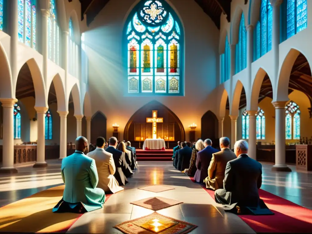 Grupo en oración en iglesia histórica con luz de vitrales