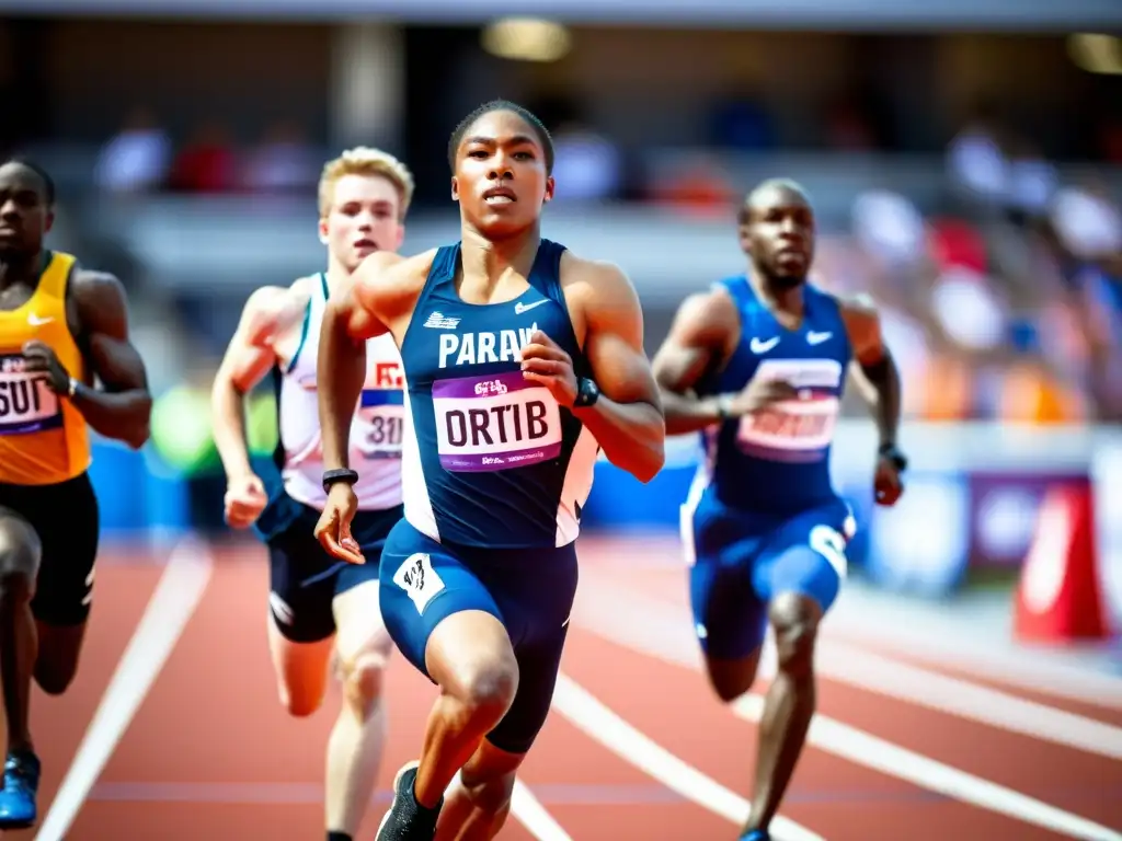 Grupo de paraatletas compitiendo en un evento de atletismo, mostrando determinación y fuerza