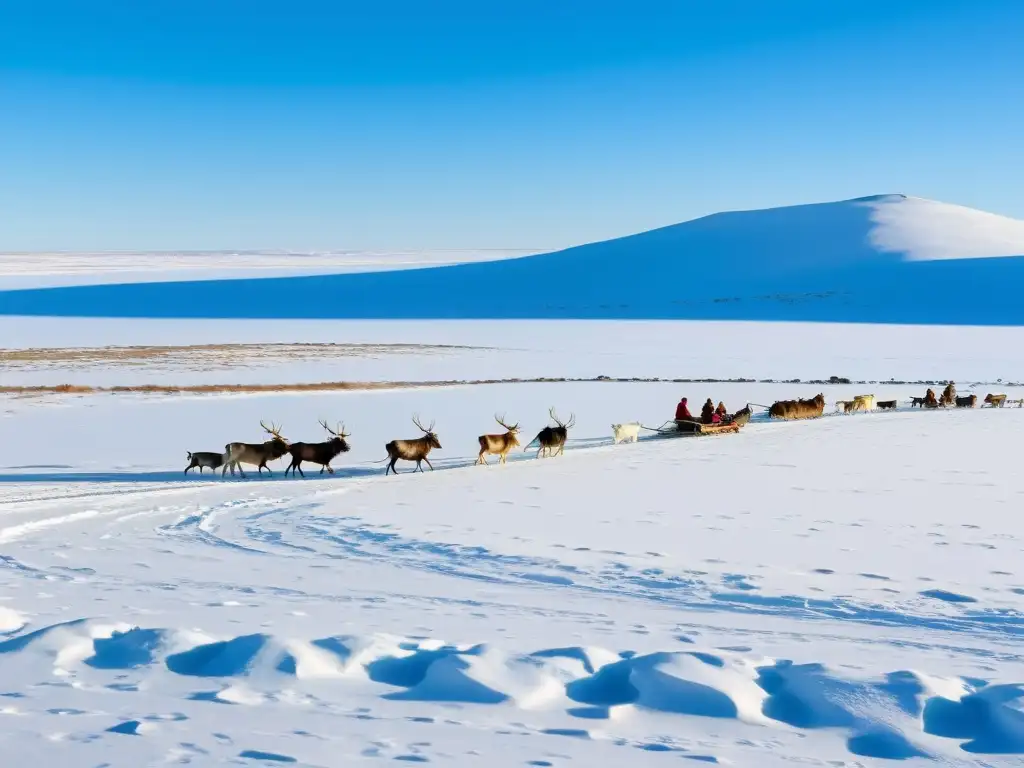 Grupo de pastores nómadas Nenets con sus renos en la tundra nevada de Rusia, mostrando los desafíos legales de la explotación petrolera en su entorno