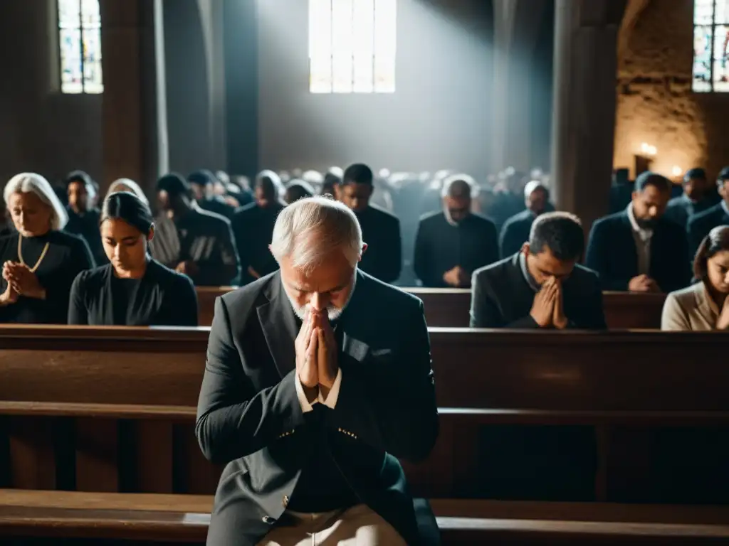 Grupo rezando en penumbra de iglesia, resistencia religiosa en tiempos de dictadura