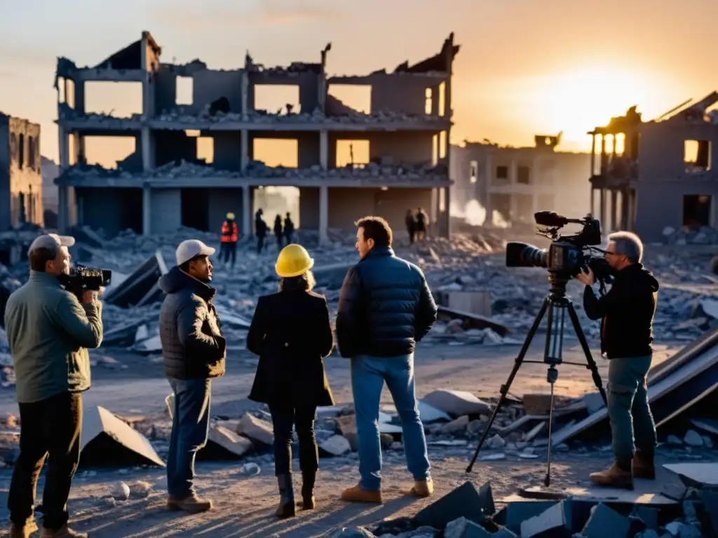 Un grupo de periodistas y cámaras en una ciudad devastada por la guerra, resaltando el rol de los medios en paz