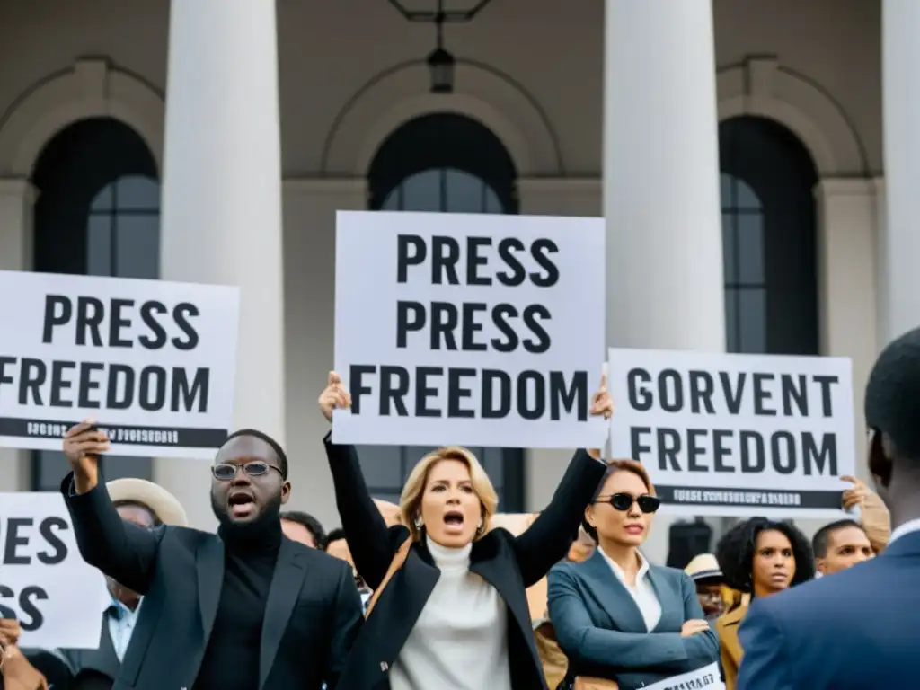 Un grupo de periodistas desafía la censura gubernamental en una imagen en blanco y negro que simboliza la lucha global por la libertad de prensa