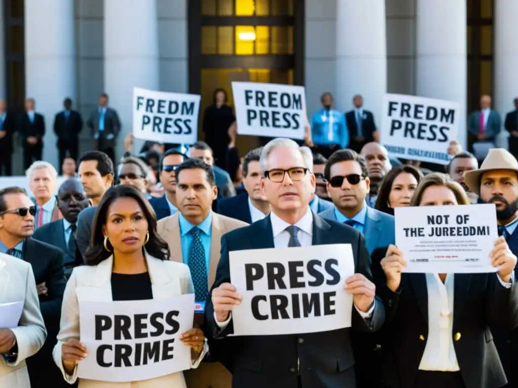 Grupo de periodistas desafiantes frente a un tribunal rodeados de seguidores con carteles 'Libertad de prensa' y 'El periodismo no es un crimen'