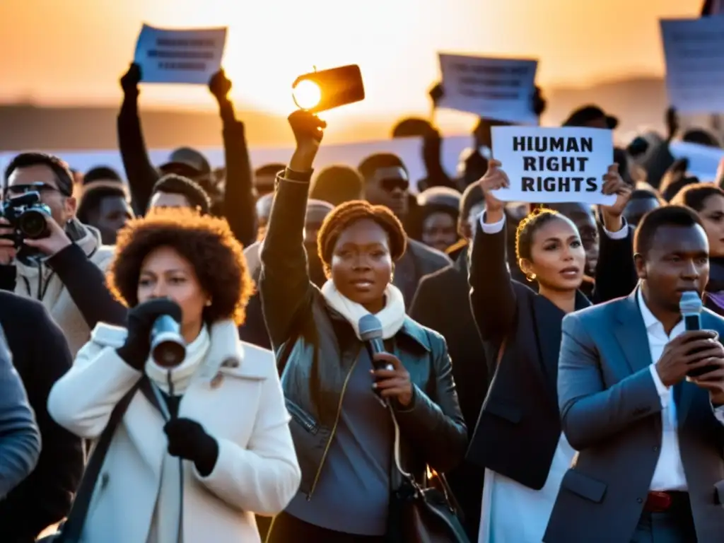 Un grupo de periodistas documenta con determinación una protesta por los derechos humanos al atardecer