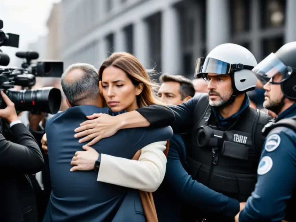 Grupo de periodistas y fotógrafos capturando la importancia del periodismo gráfico en derechos humanos en una manifestación intensa en blanco y negro