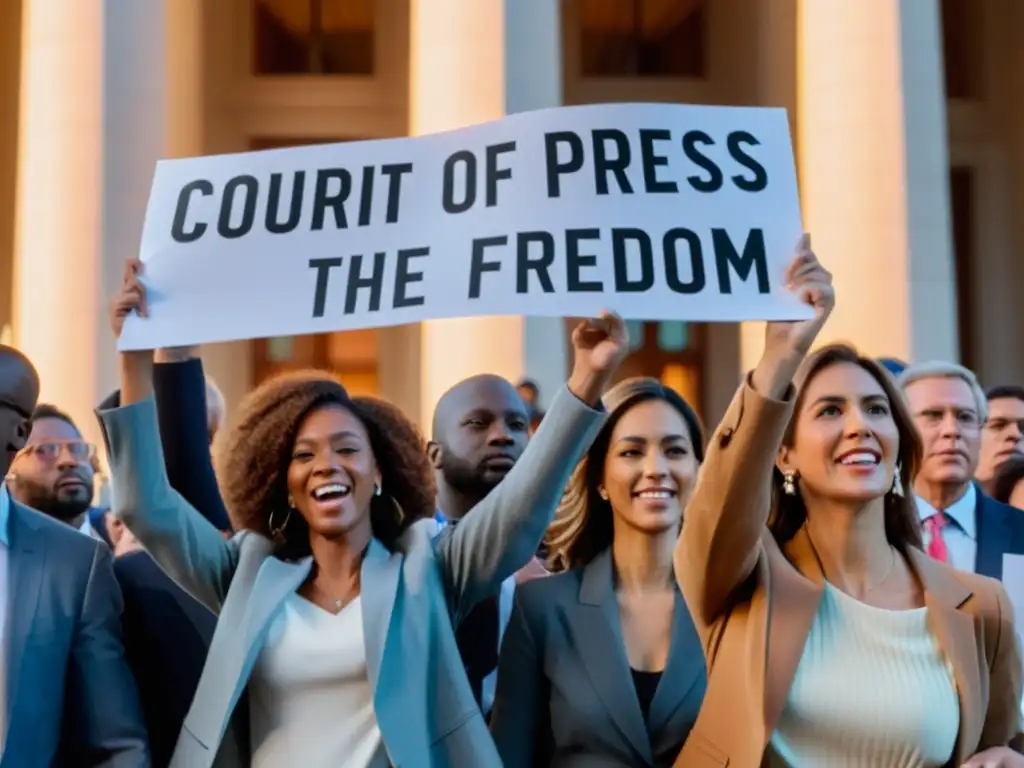 Grupo de periodistas frente a juzgado, sosteniendo carteles por Protección libertad expresión periodistas, con determinación y responsabilidad