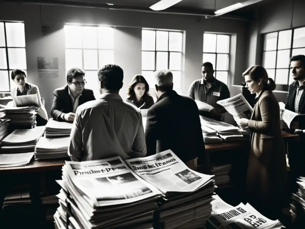 Grupo de periodistas en una imprenta de prensa alternativa, luchando por los derechos humanos en un ambiente de determinación y pasión