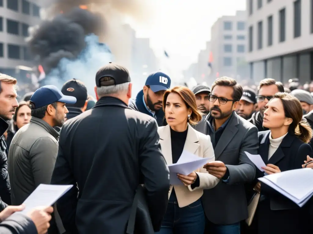 Grupo de periodistas en la línea de fuego, capturando imágenes y tomando notas en medio de una protesta caótica y peligrosa