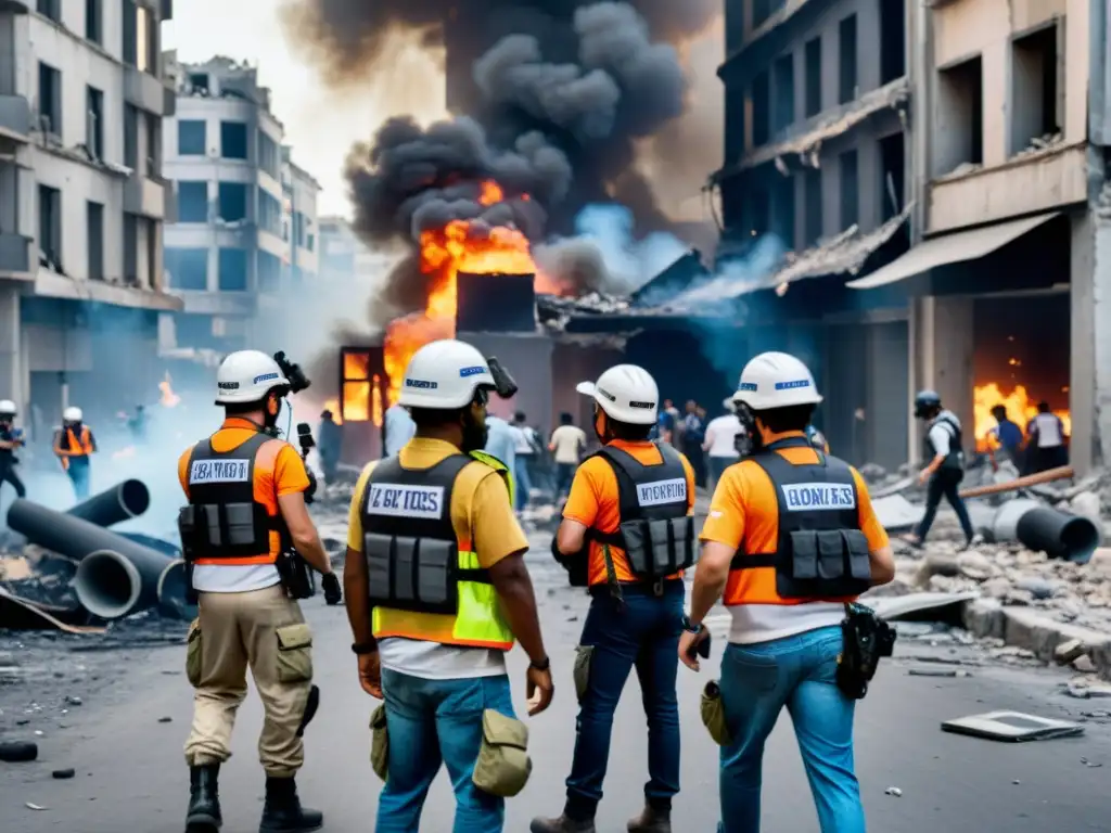 Grupo de periodistas en la línea de fuego, capturando imágenes y tomando notas en una calle destruida durante el caos de guerra