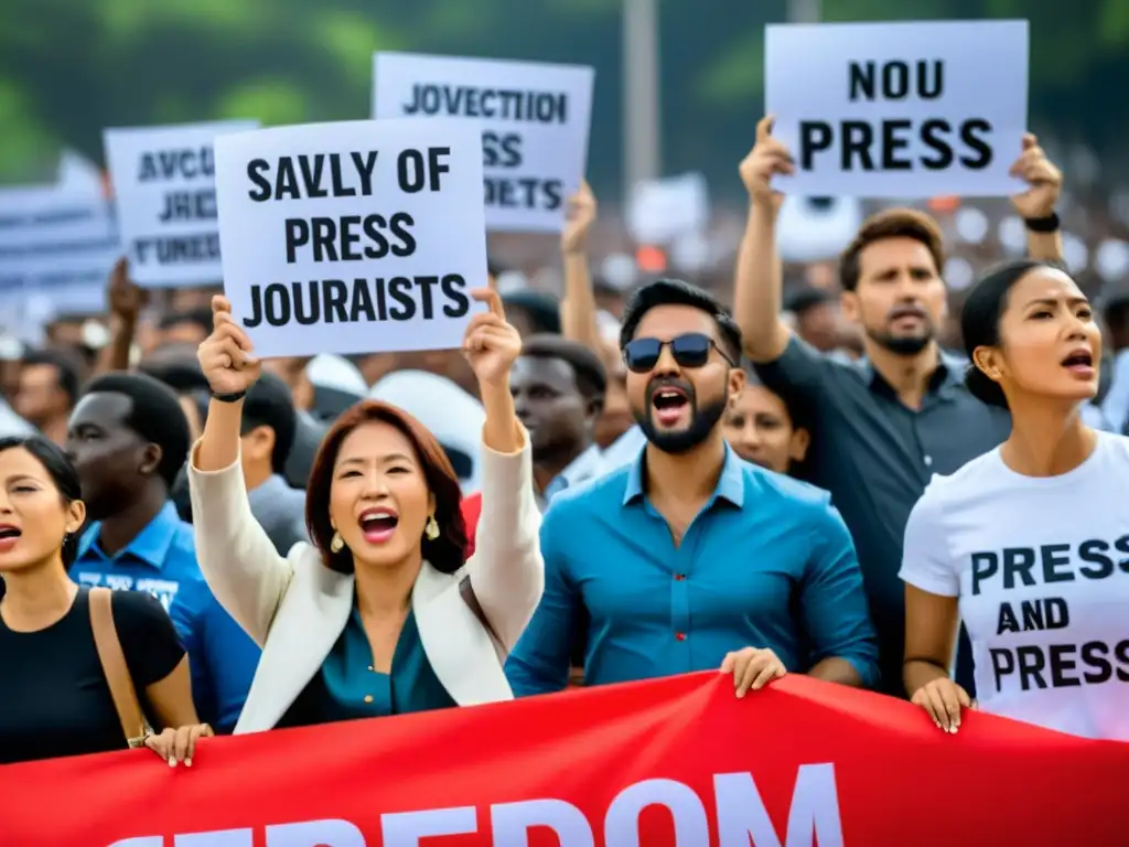 Un grupo de periodistas en una manifestación por la protección de periodistas y la libertad de prensa