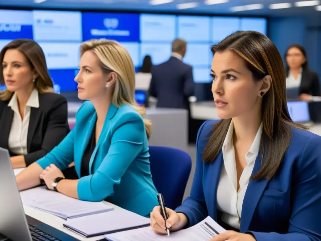 Grupo de periodistas mujeres debatiendo en una bulliciosa redacción, enfocadas en su labor