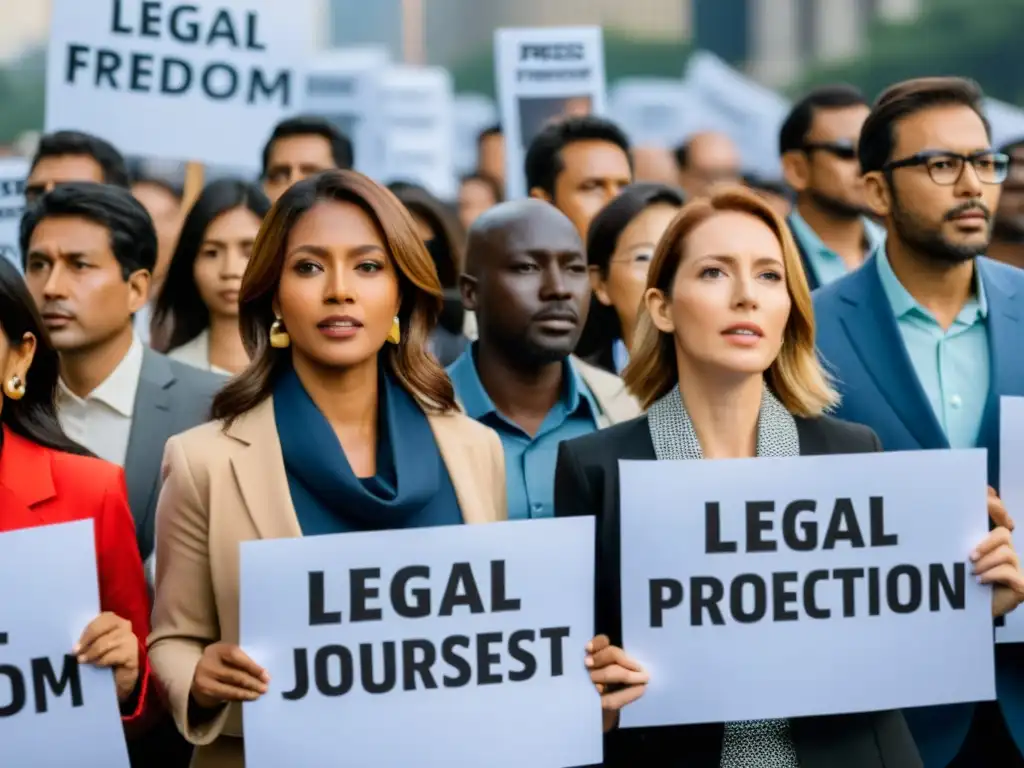 Un grupo de periodistas se reúne en un rally por la libertad de prensa, mostrando pancartas por la Protección de periodistas leyes internacionales