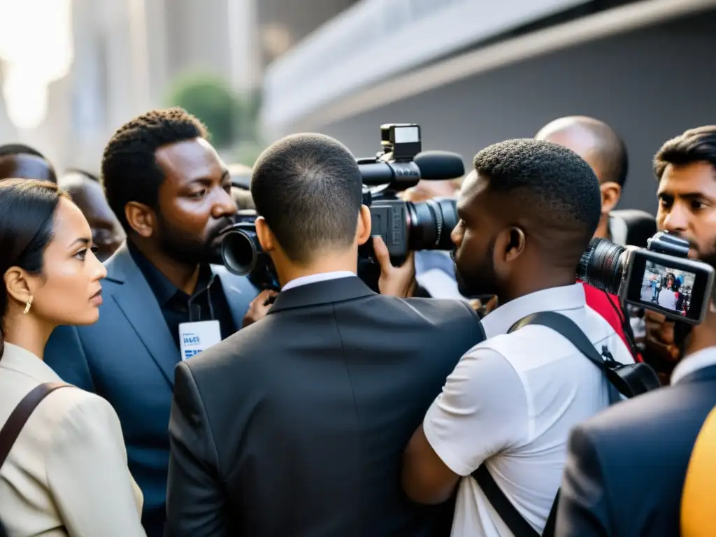 Un grupo de periodistas diversos trabaja unido en medio del caos urbano, capturando imágenes y entrevistas