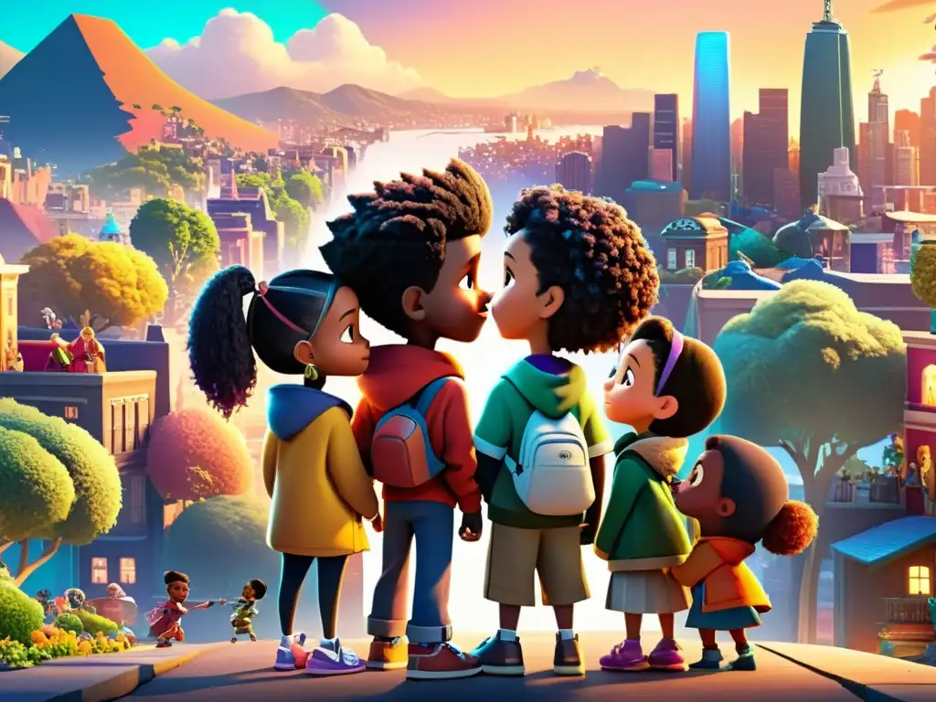 Un grupo de personajes animados de películas diversas se unen en una ciudad vibrante, mostrando valores humanitarios de compasión y cooperación