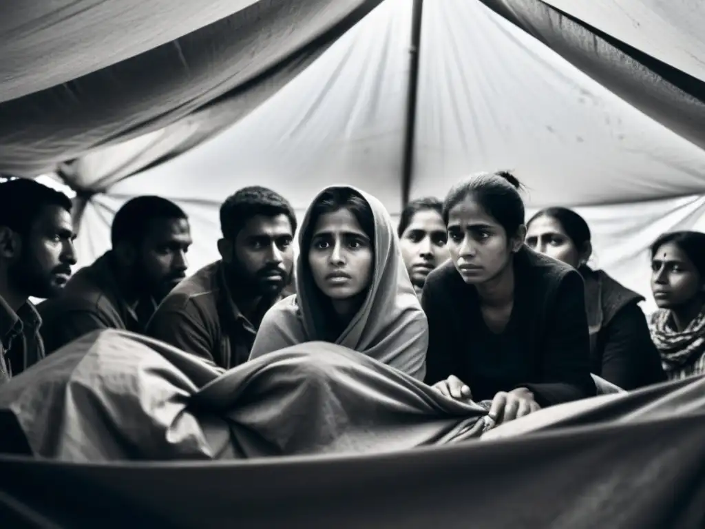 Grupo de personas agotadas y asustadas se resguardan bajo un refugio improvisado, mostrando traumas psicológicos en conflictos ignorados