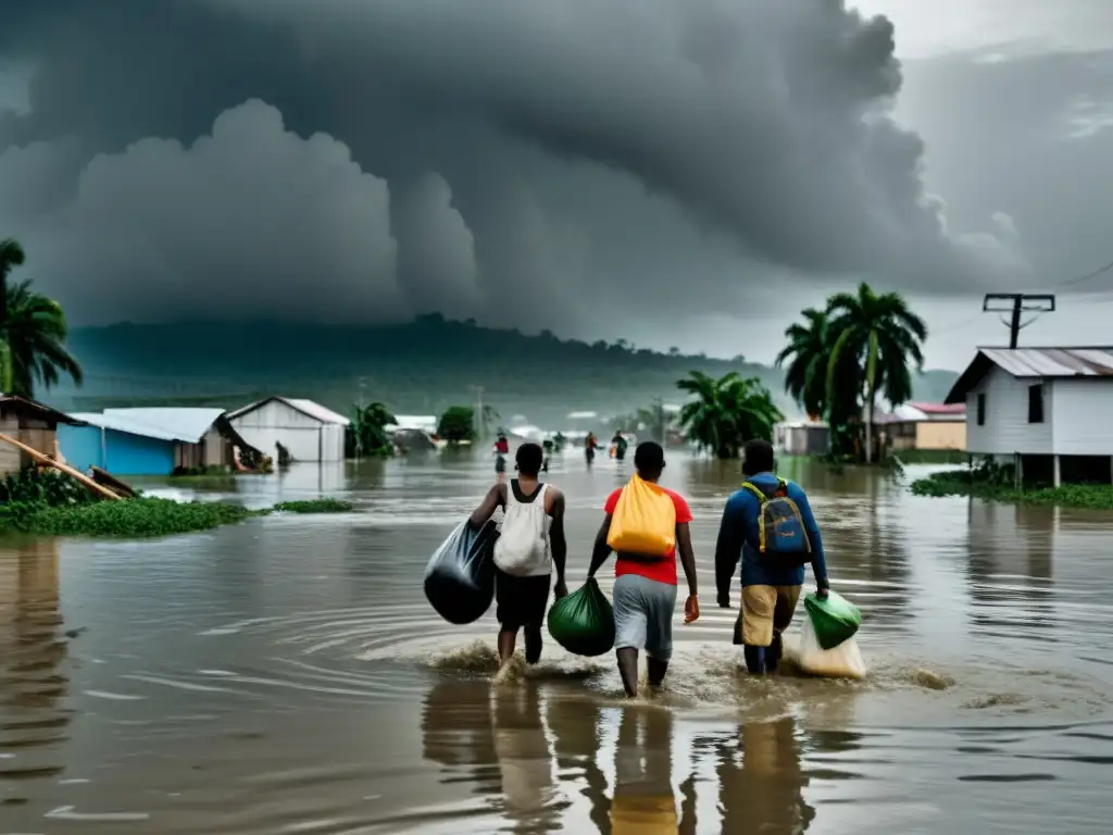 Grupo de personas cruzando aguas de inundación, llevando sus pertenencias en hombros