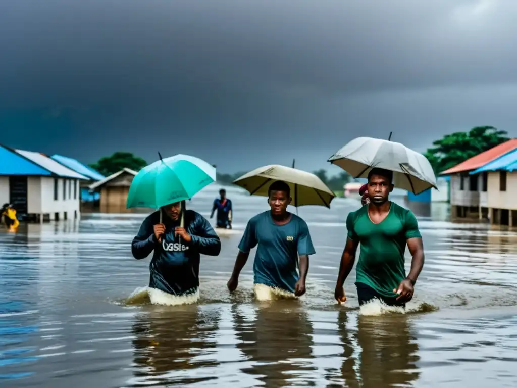 Grupo de personas desplazándose en aguas inundadas con sus pertenencias, reflejando el aumento del nivel del mar