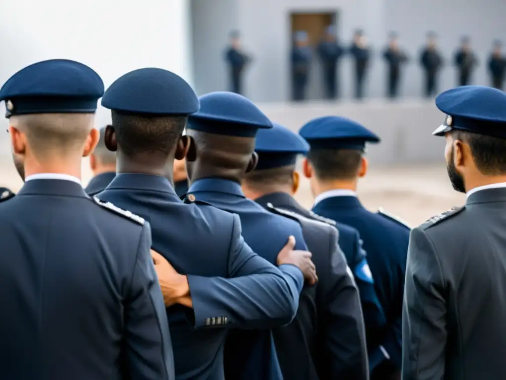 Grupo de personas angustiadas frente a guardias armados, mostrando el costo humano bajo regímenes autoritarios