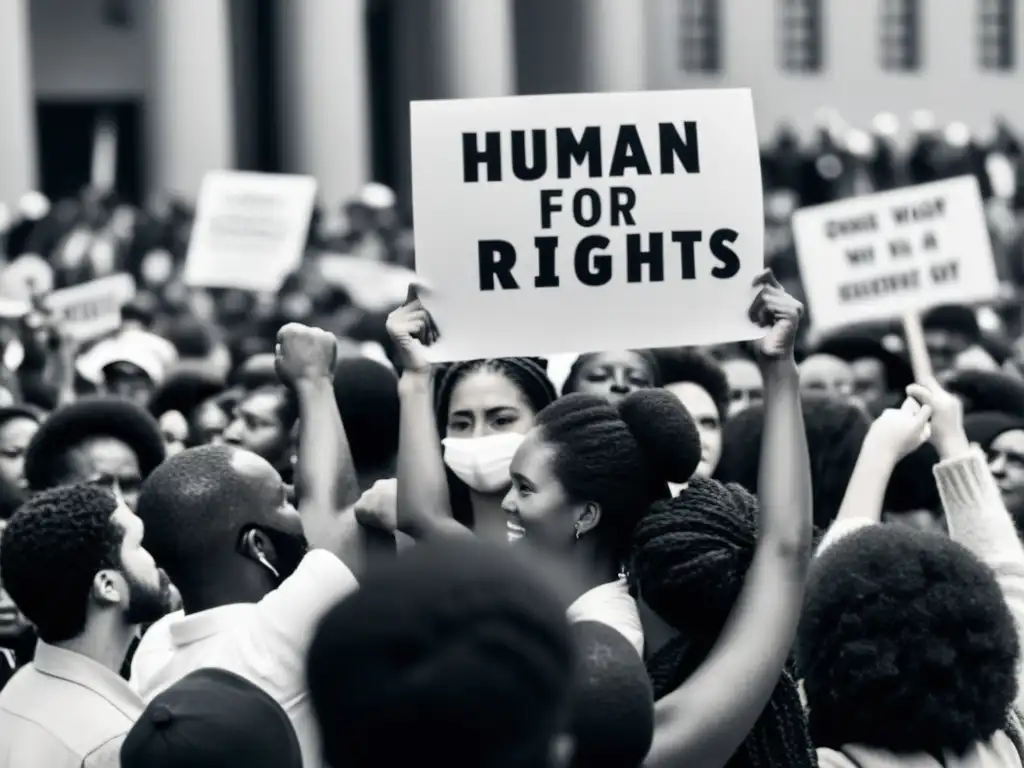 Un grupo de personas en blanco y negro, unidas en solidaridad con gestos de determinación y esperanza, sosteniendo carteles por los derechos humanos