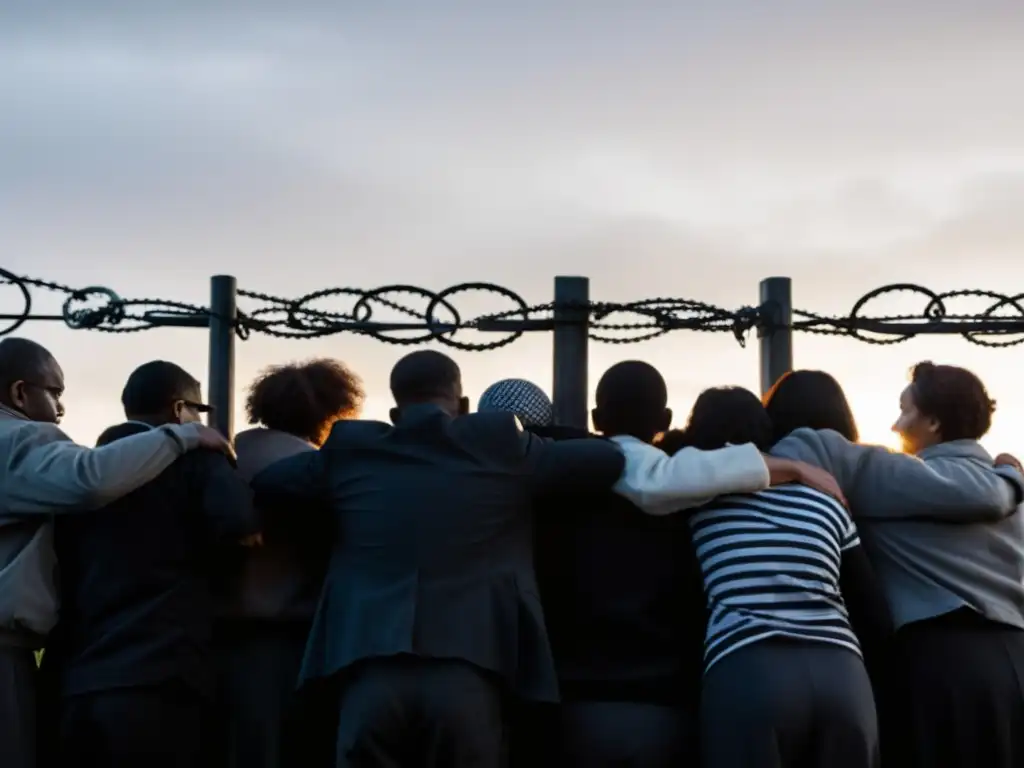 Un grupo de personas en blanco y negro, mostrando miedo y determinación frente a una valla de alambre de púas