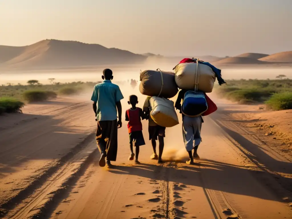 Un grupo de personas camina por un camino polvoriento, llevando sus pertenencias