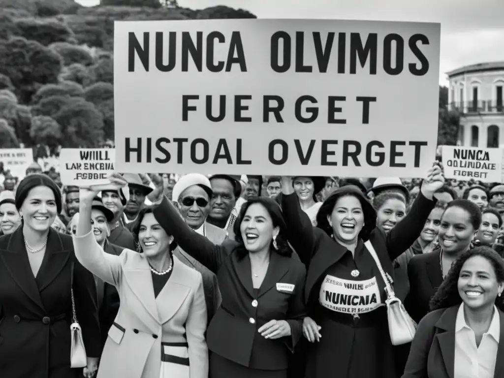 Grupo de personas sostienen carteles con imágenes históricas y la frase 'Nunca olvidaremos