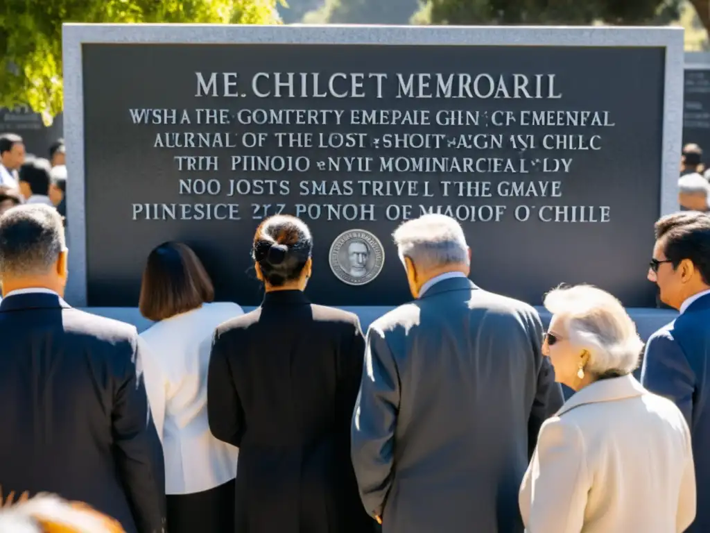 Grupo de personas en un cementerio, frente a una placa con nombres de desaparecidos en fosas comunes en Chile derechos humanos