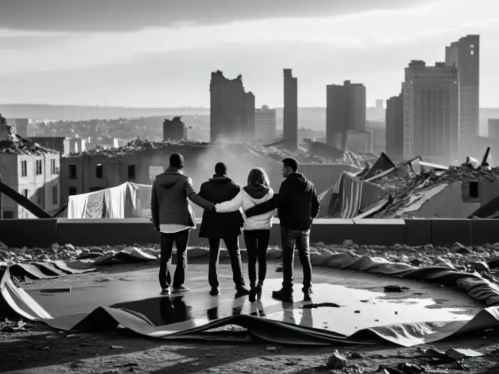 Un grupo de personas se unen en círculo, mostrando emociones diversas frente a una ciudad devastada