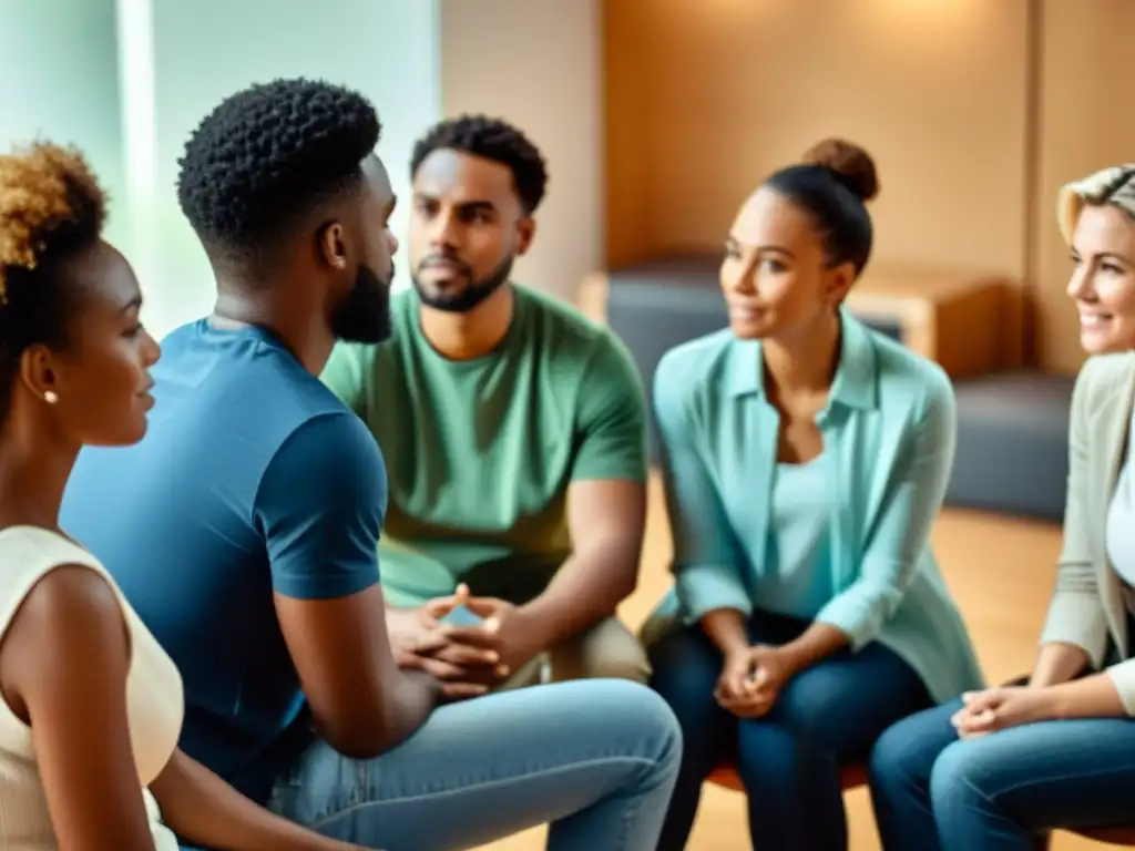 Un grupo de personas se sienta en círculo, participando en una sesión de apoyo y terapia