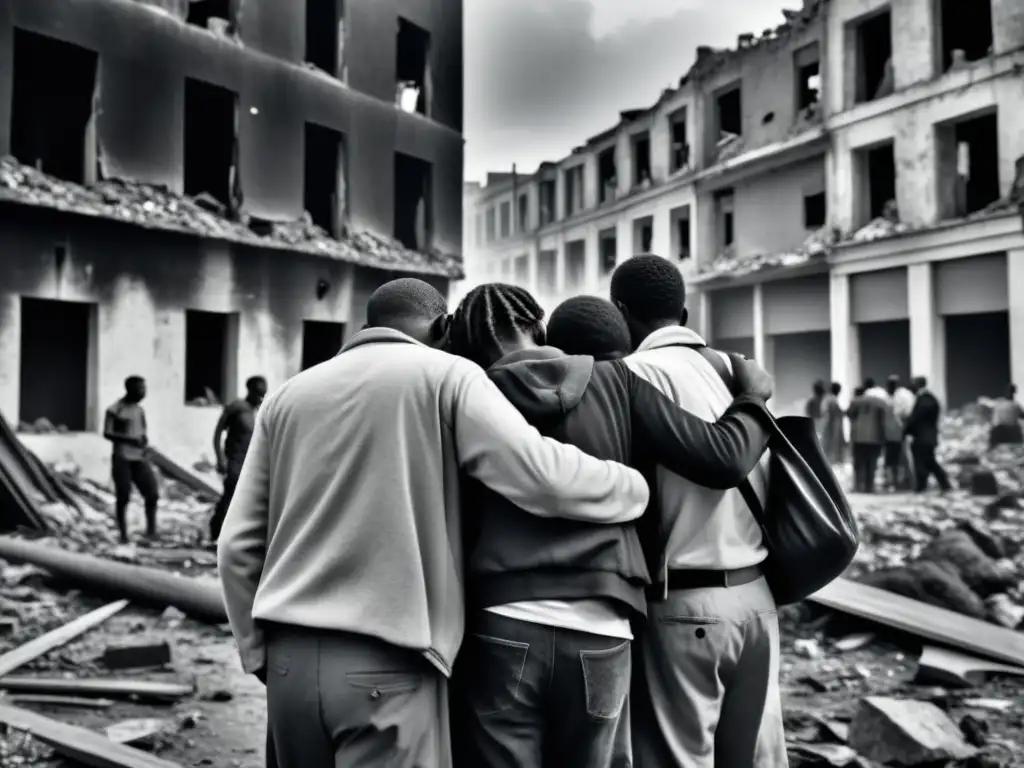 Grupo de personas buscando protección en una ciudad de conflicto